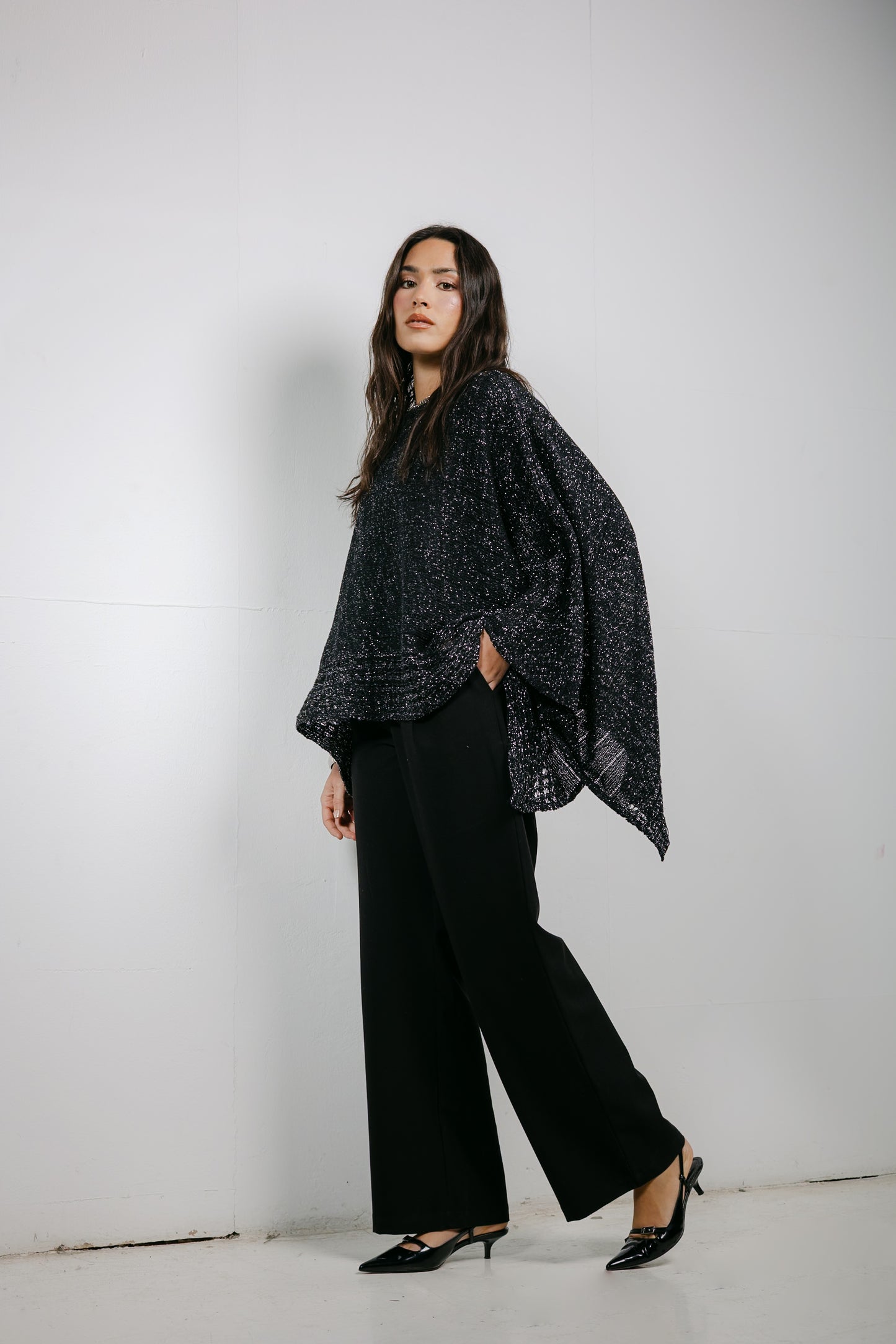 Golden Hour Knit Cape in Shimmer Black