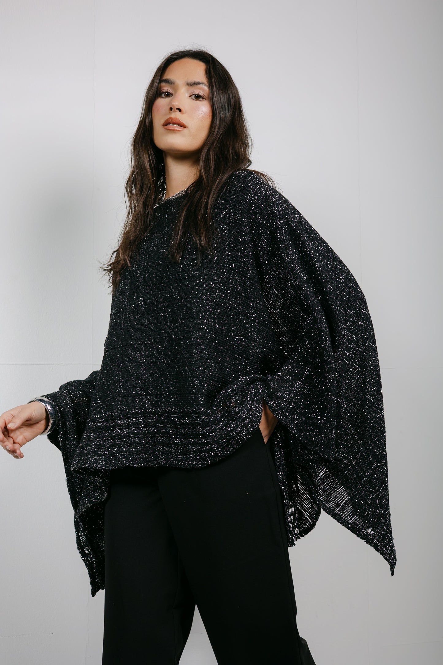 Golden Hour Knit Cape in Shimmer Black