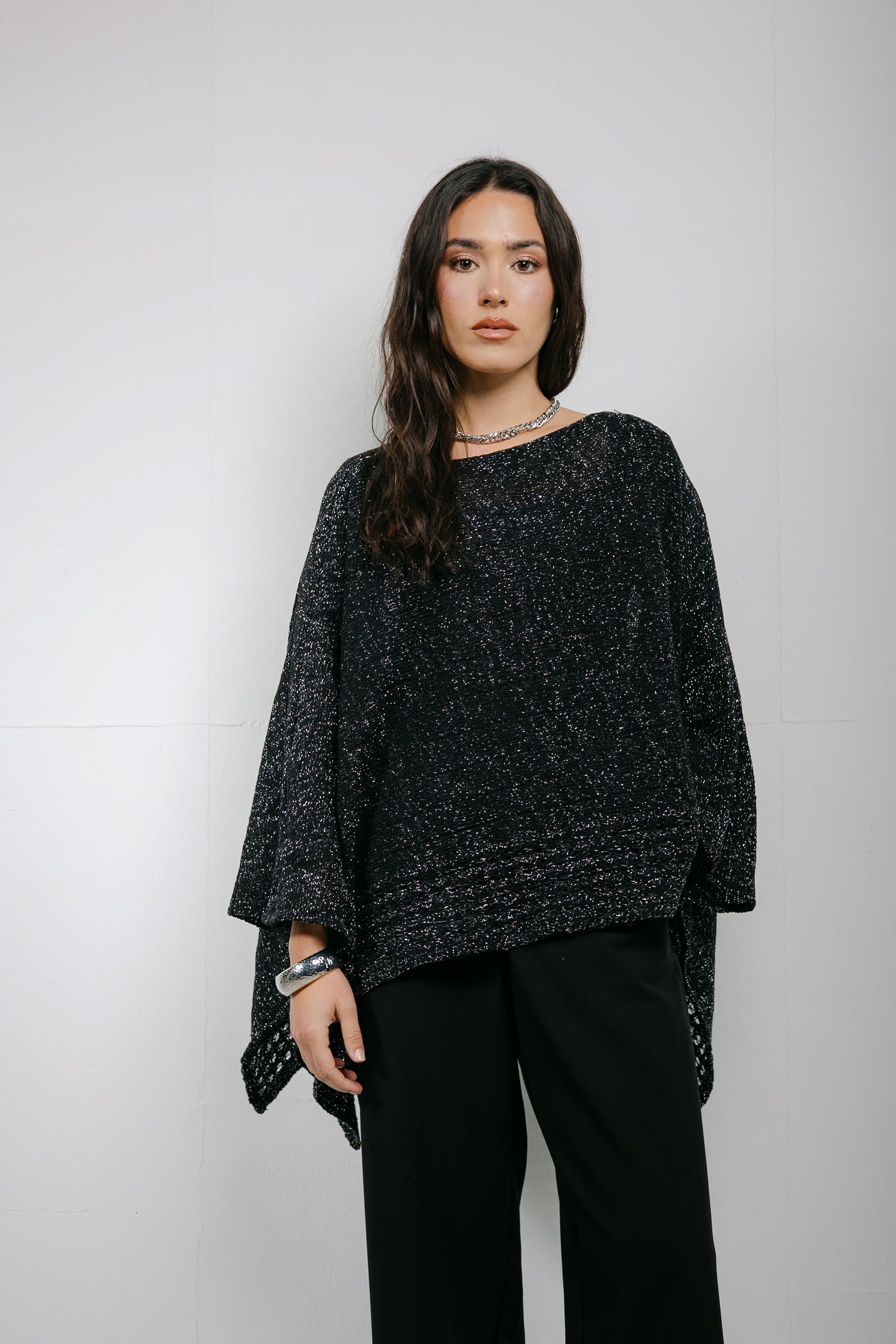 Golden Hour Knit Cape in Shimmer Black