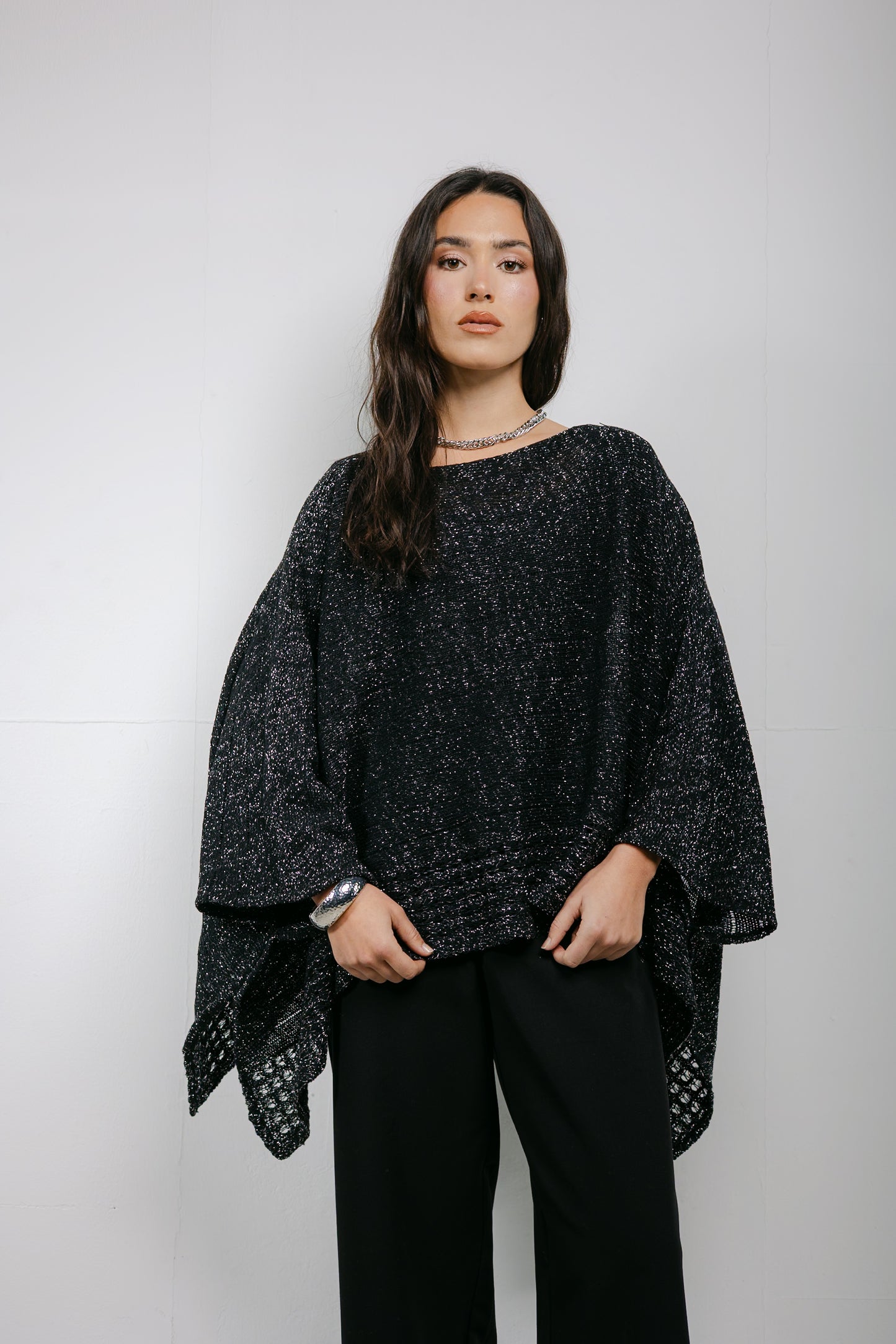 Golden Hour Knit Cape in Shimmer Black