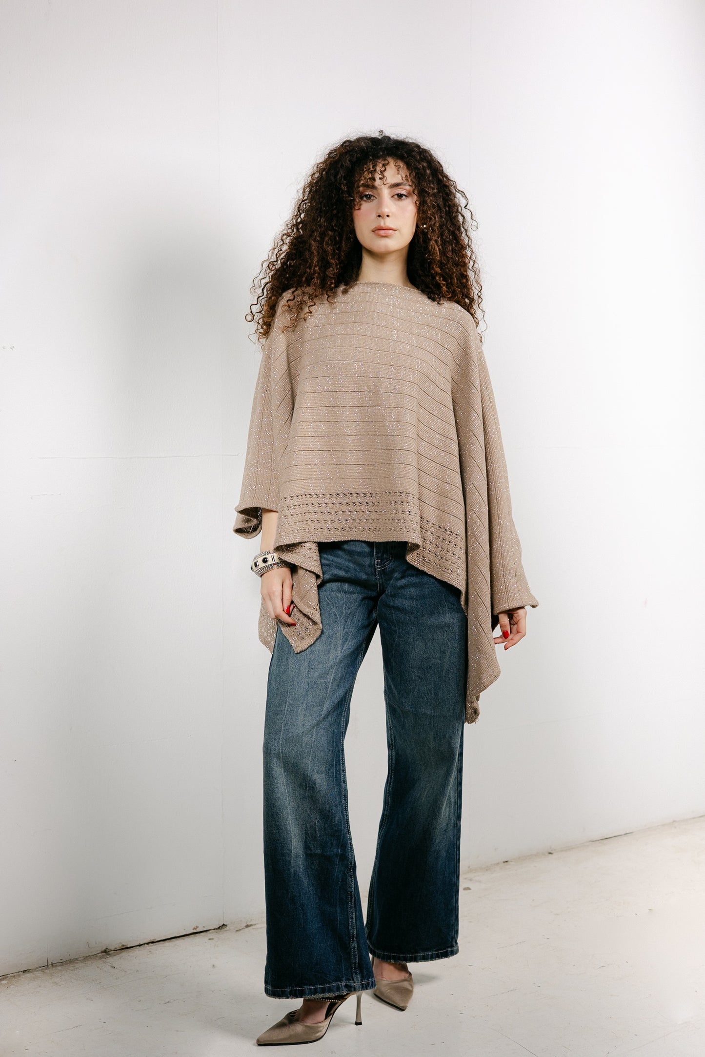 Golden Hour Knit Cape in Shimmer Beige