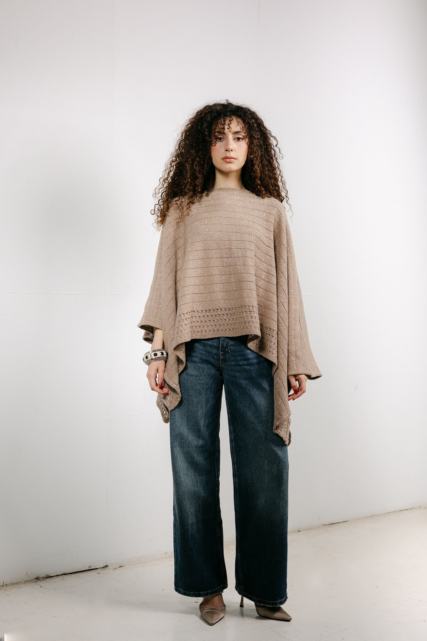 Golden Hour Knit Cape in Shimmer Beige