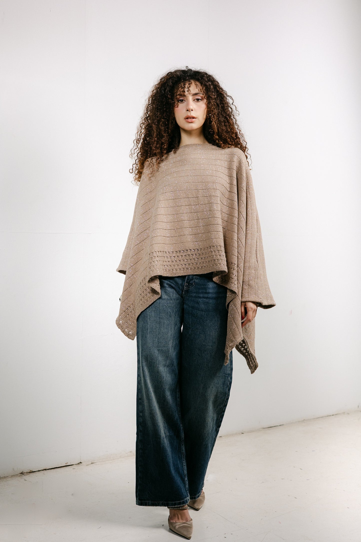 Golden Hour Knit Cape in Shimmer Beige