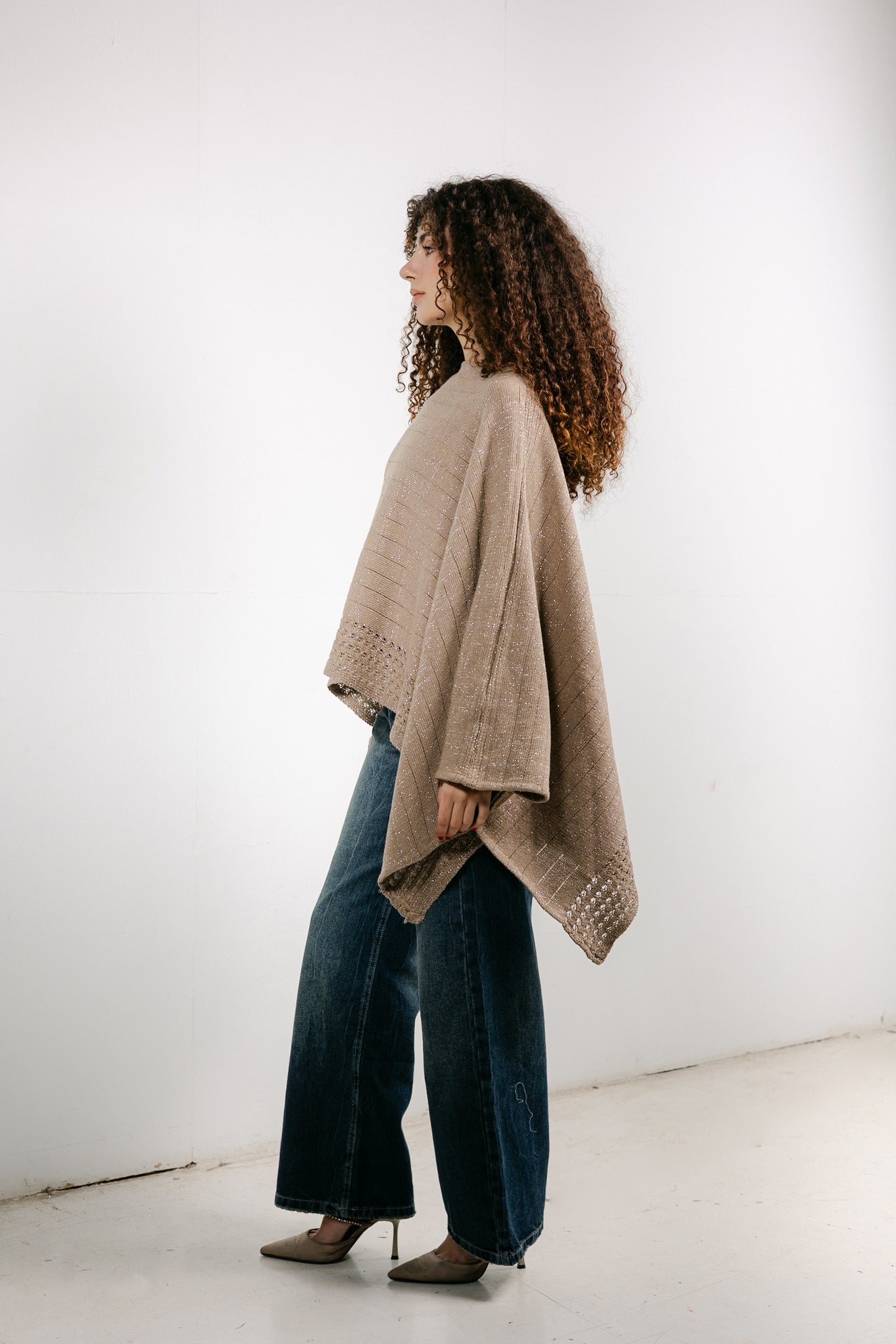 Golden Hour Knit Cape in Shimmer Beige