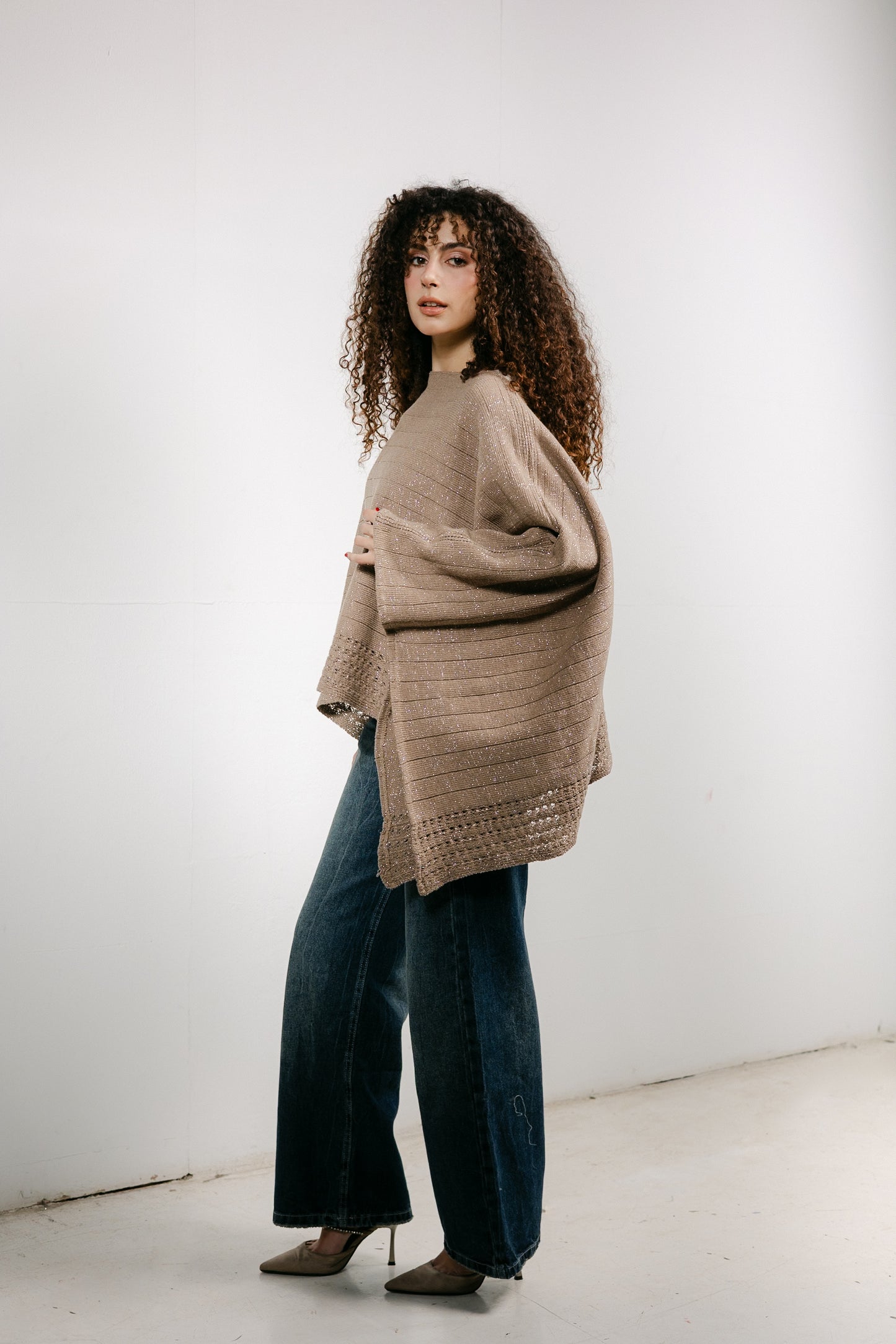 Golden Hour Knit Cape in Shimmer Beige