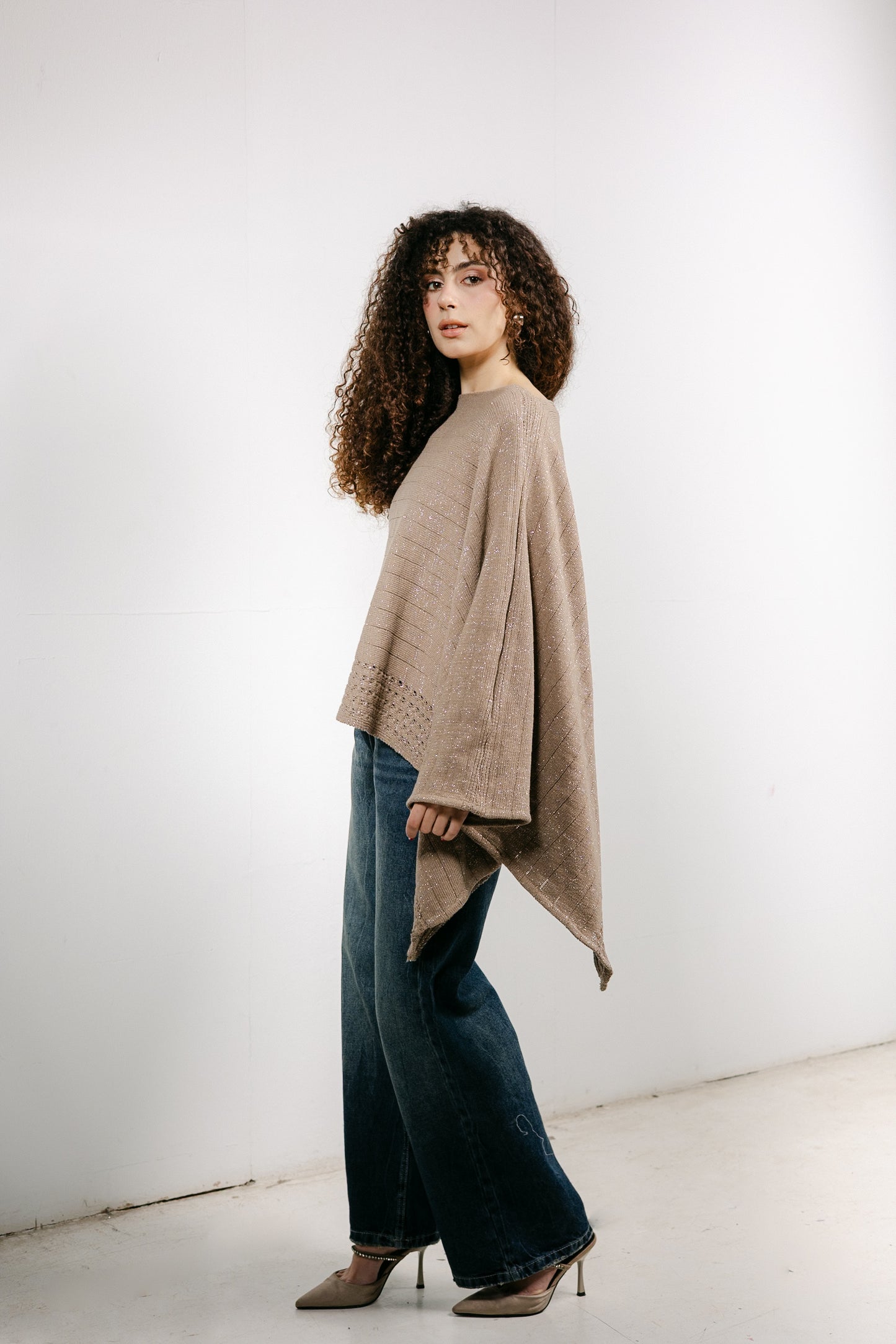 Golden Hour Knit Cape in Shimmer Beige