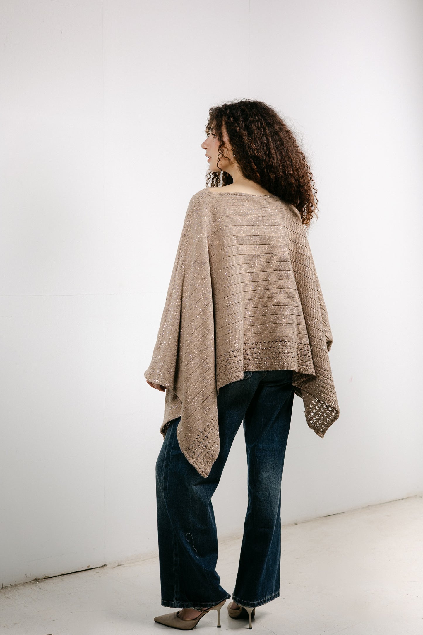 Golden Hour Knit Cape in Shimmer Beige