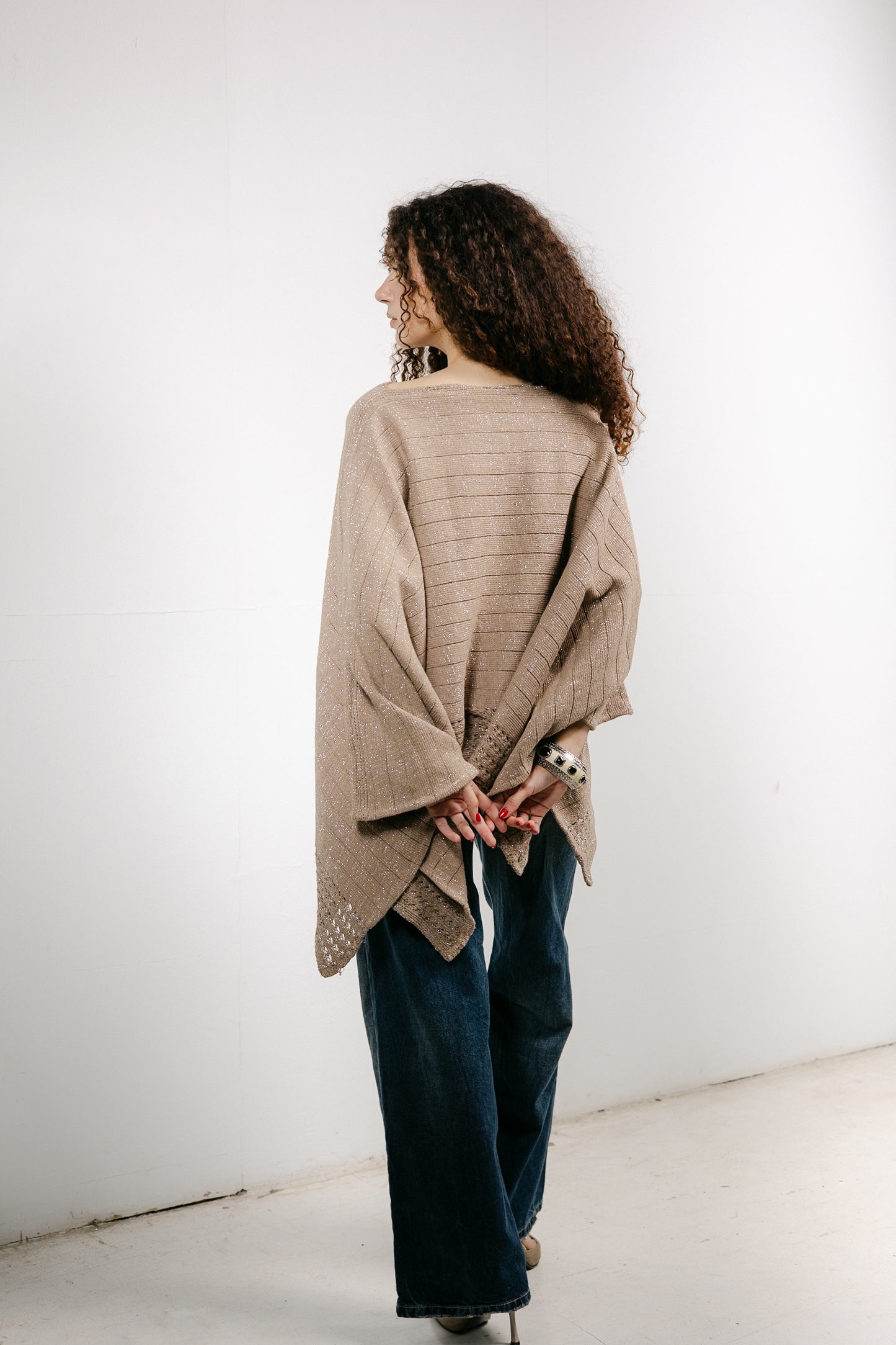 Golden Hour Knit Cape in Shimmer Beige