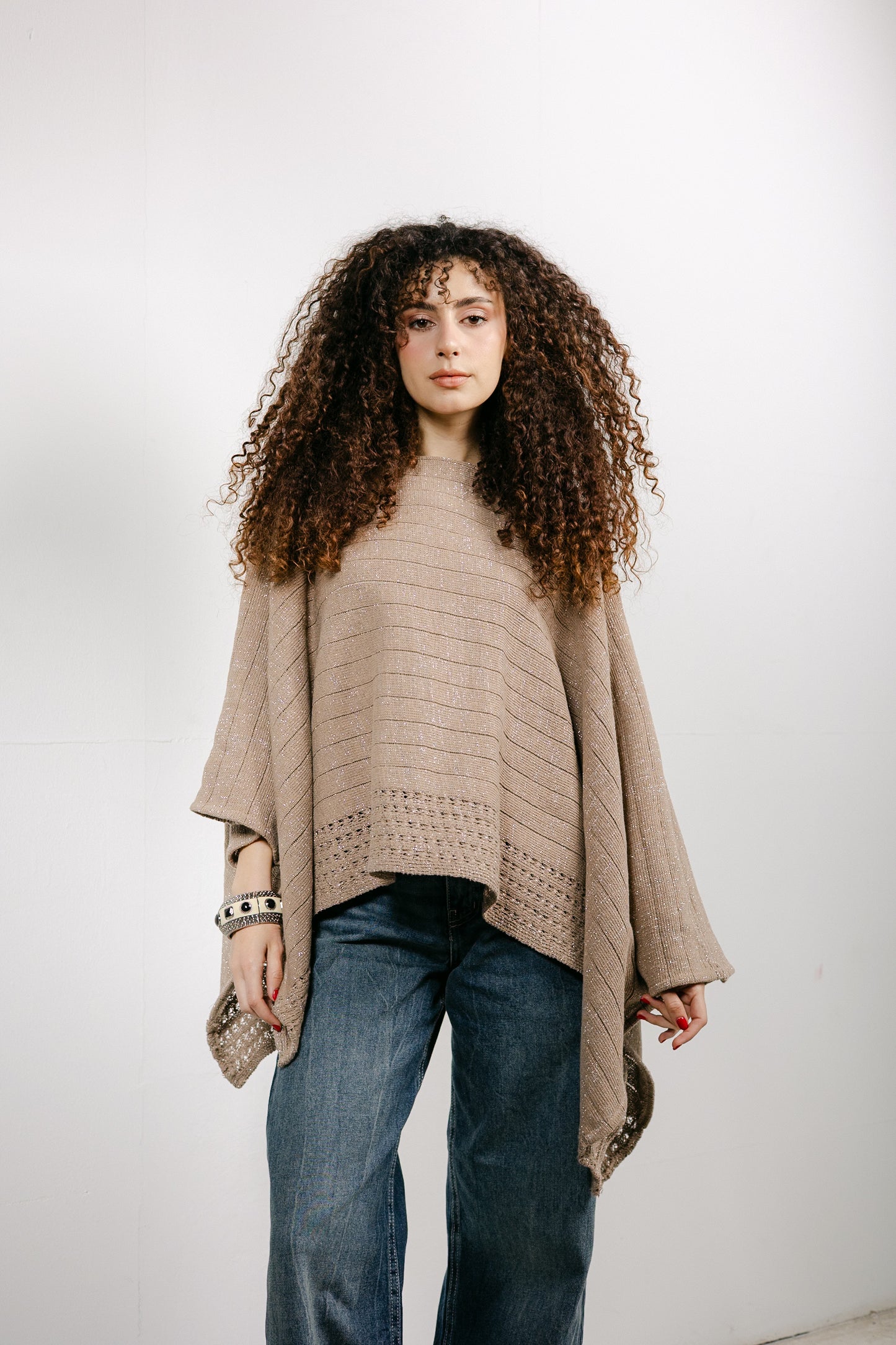 Golden Hour Knit Cape in Shimmer Beige