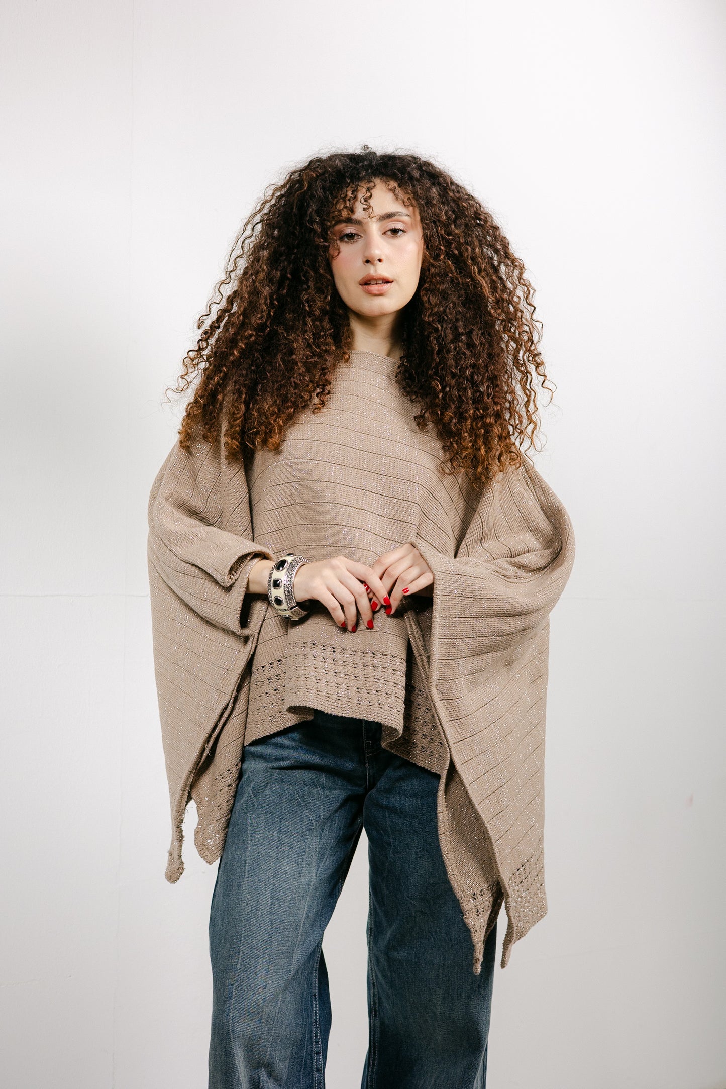 Golden Hour Knit Cape in Shimmer Beige