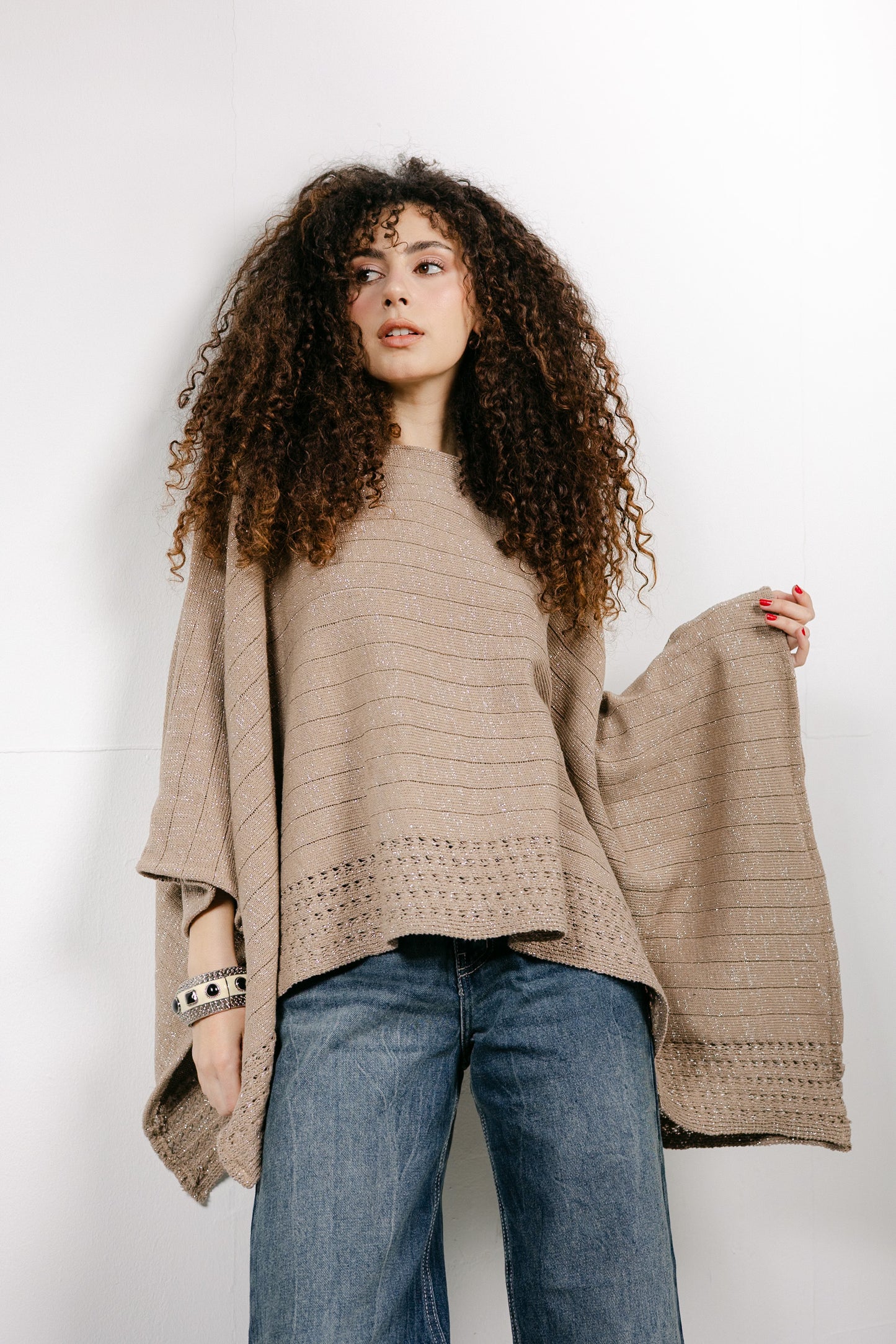 Golden Hour Knit Cape in Shimmer Beige