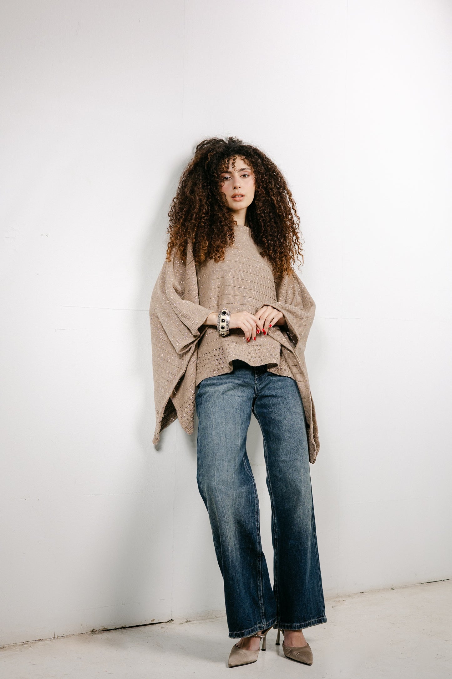 Golden Hour Knit Cape in Shimmer Beige
