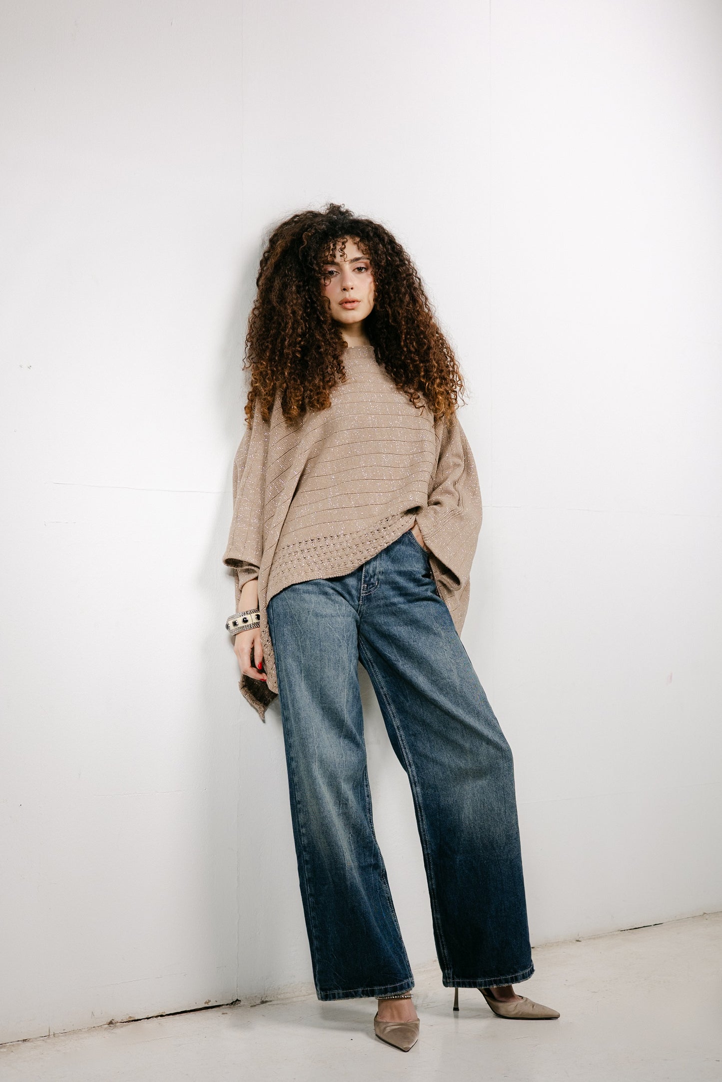 Golden Hour Knit Cape in Shimmer Beige