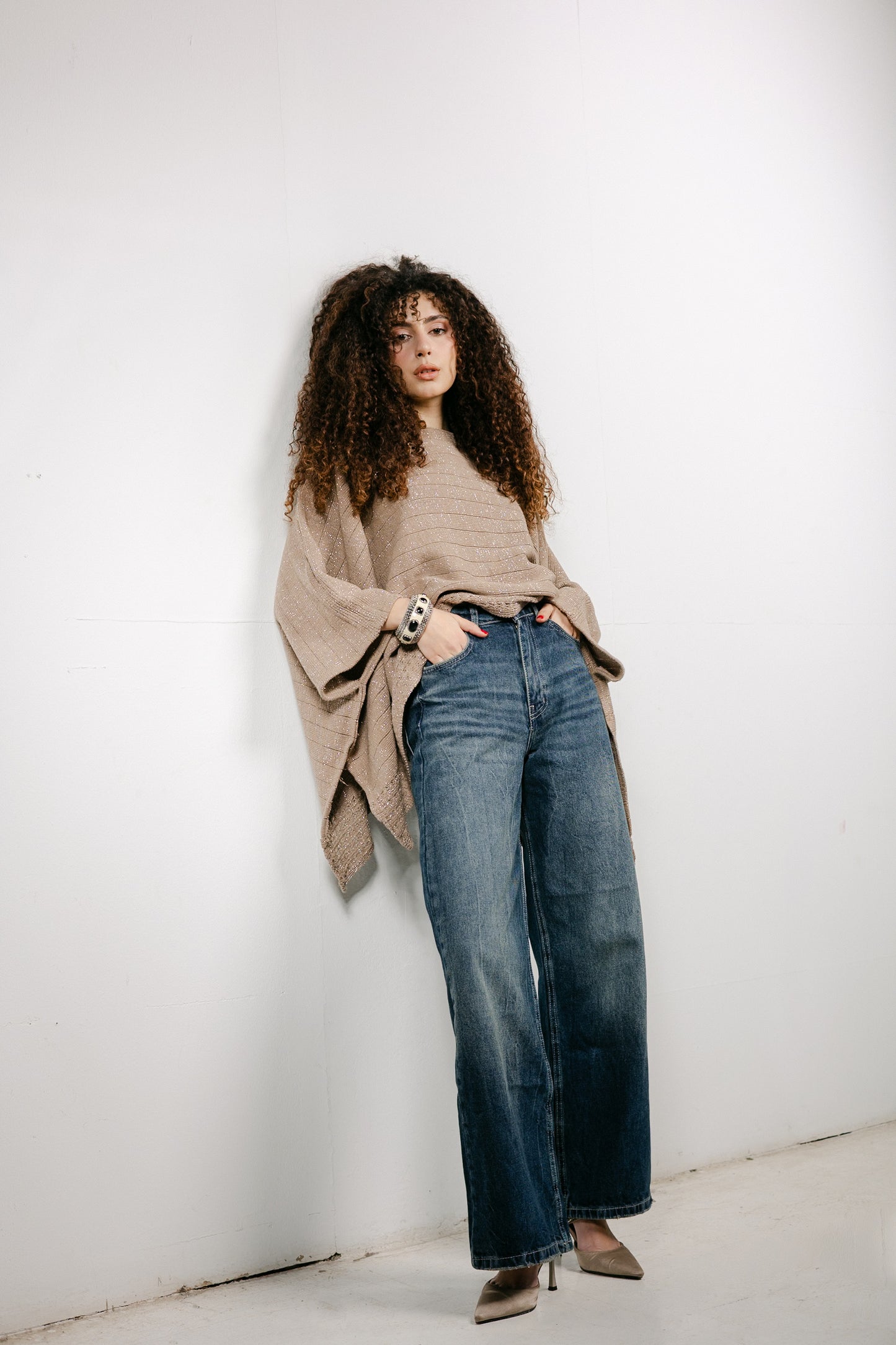 Golden Hour Knit Cape in Shimmer Beige