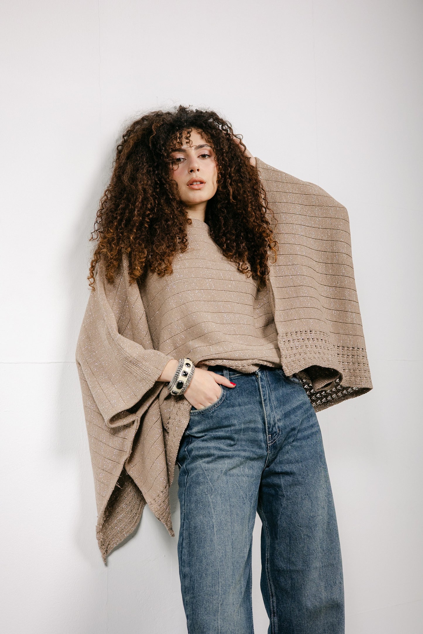 Golden Hour Knit Cape in Shimmer Beige