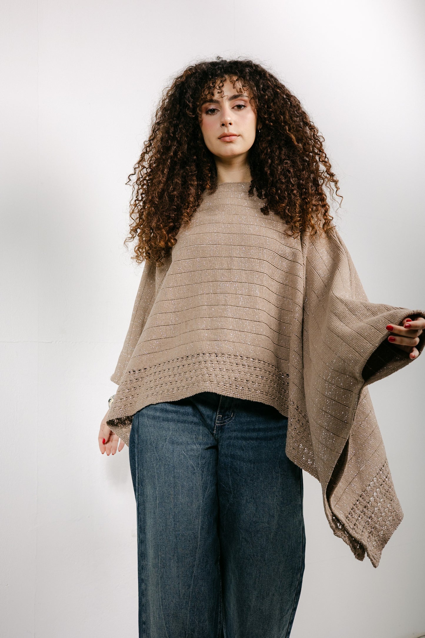 Golden Hour Knit Cape in Shimmer Beige