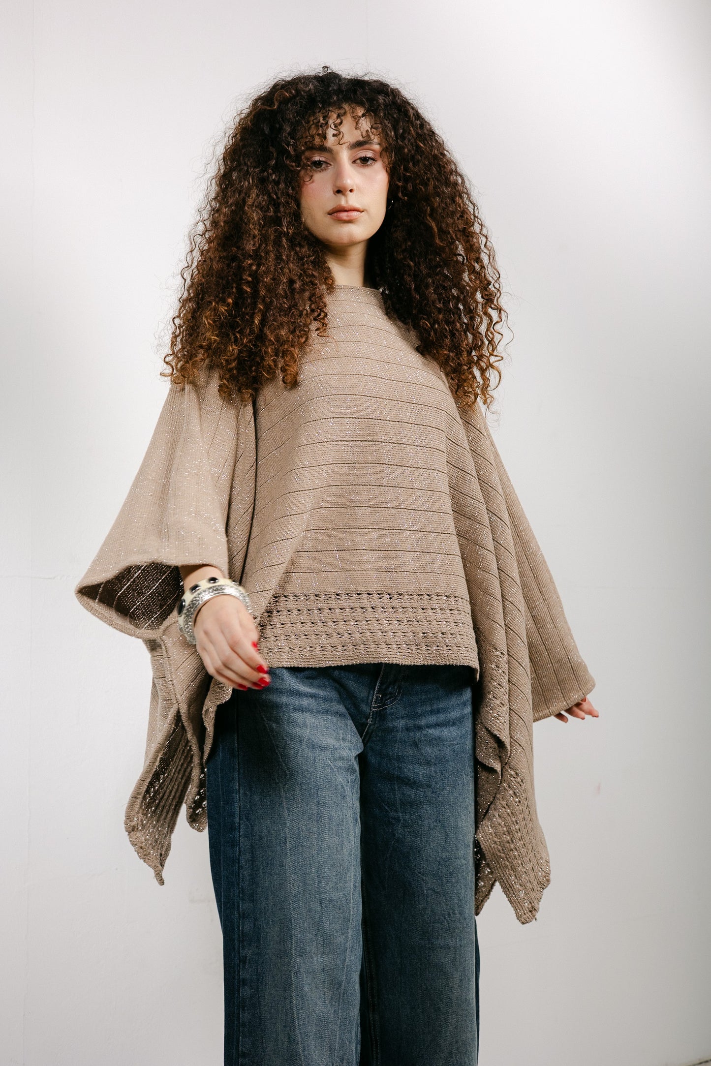 Golden Hour Knit Cape in Shimmer Beige