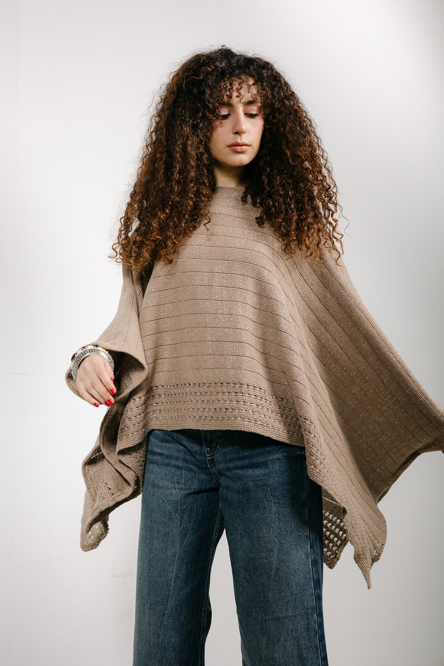 Golden Hour Knit Cape in Shimmer Beige