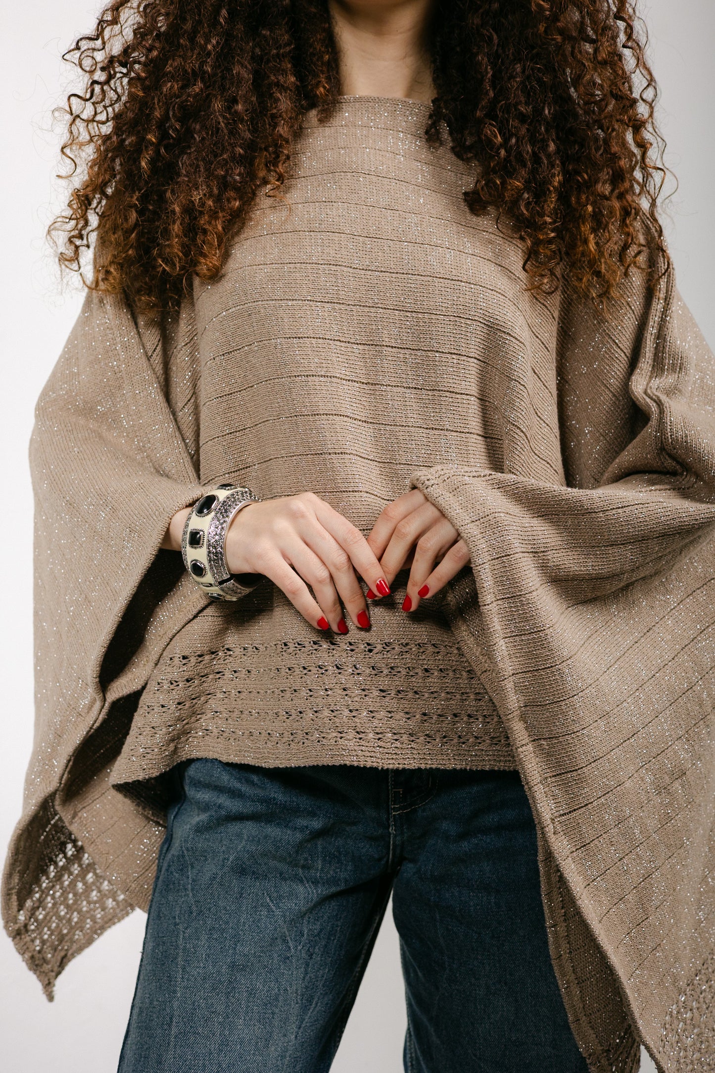 Golden Hour Knit Cape in Shimmer Beige