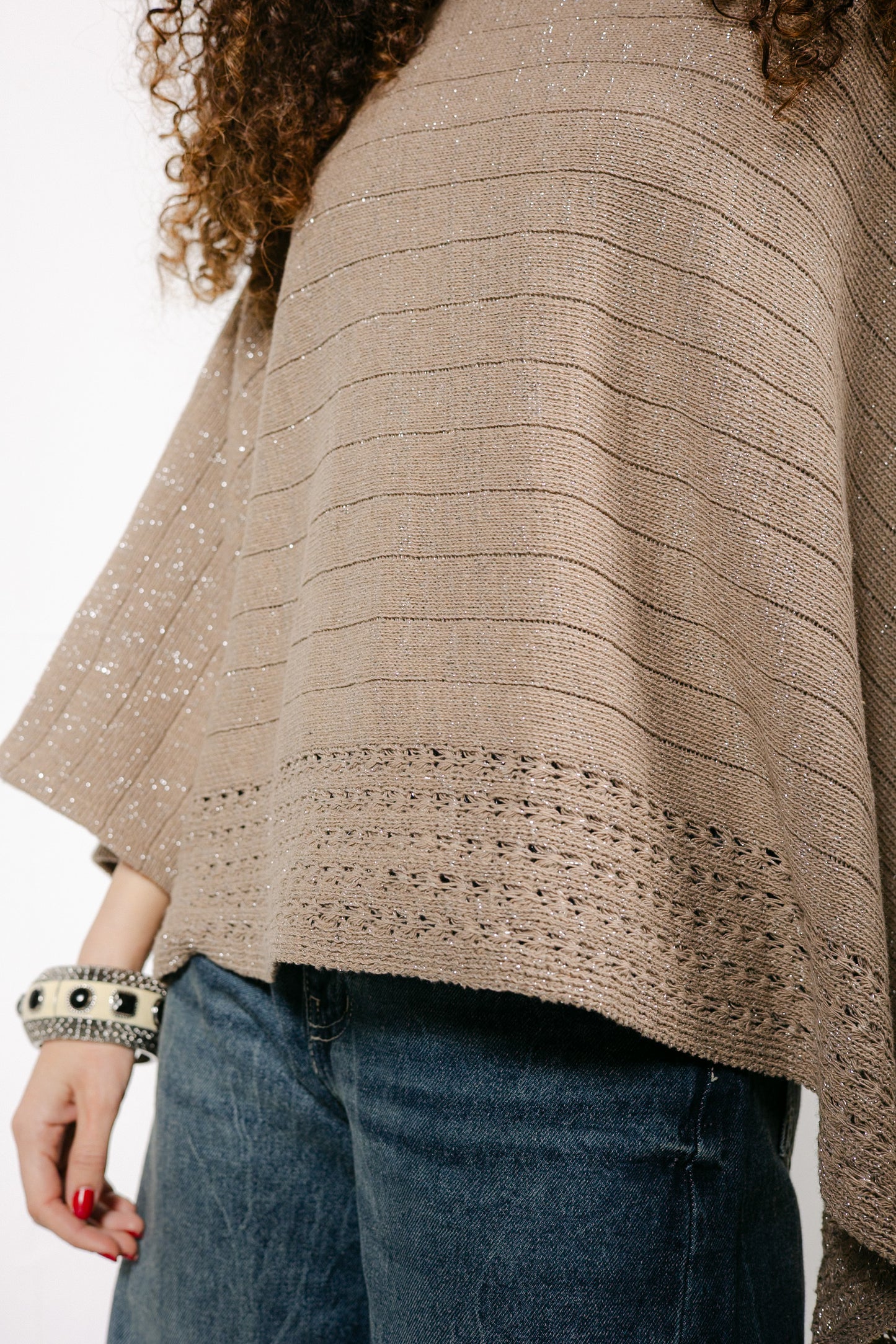 Golden Hour Knit Cape in Shimmer Beige