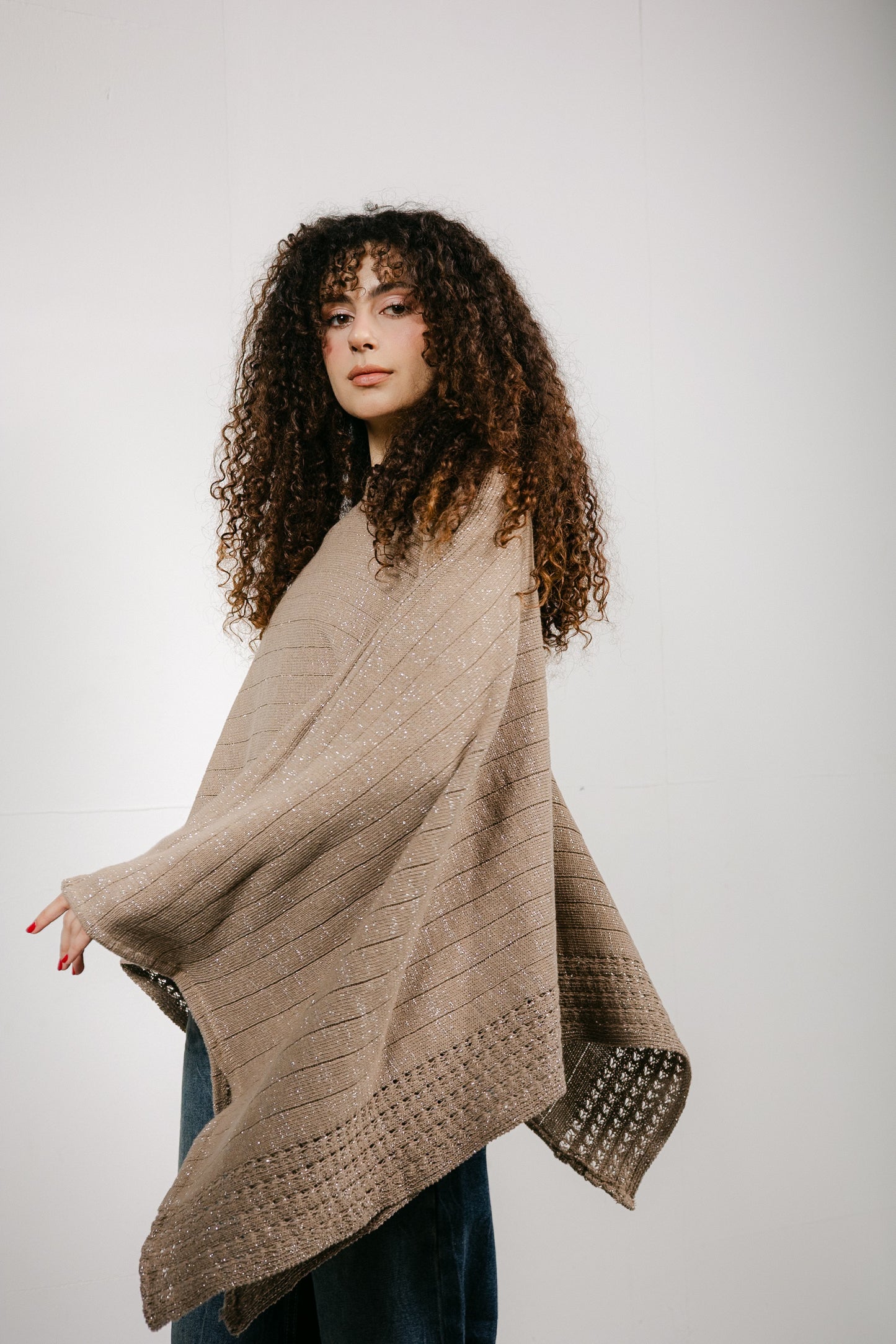 Golden Hour Knit Cape in Shimmer Beige