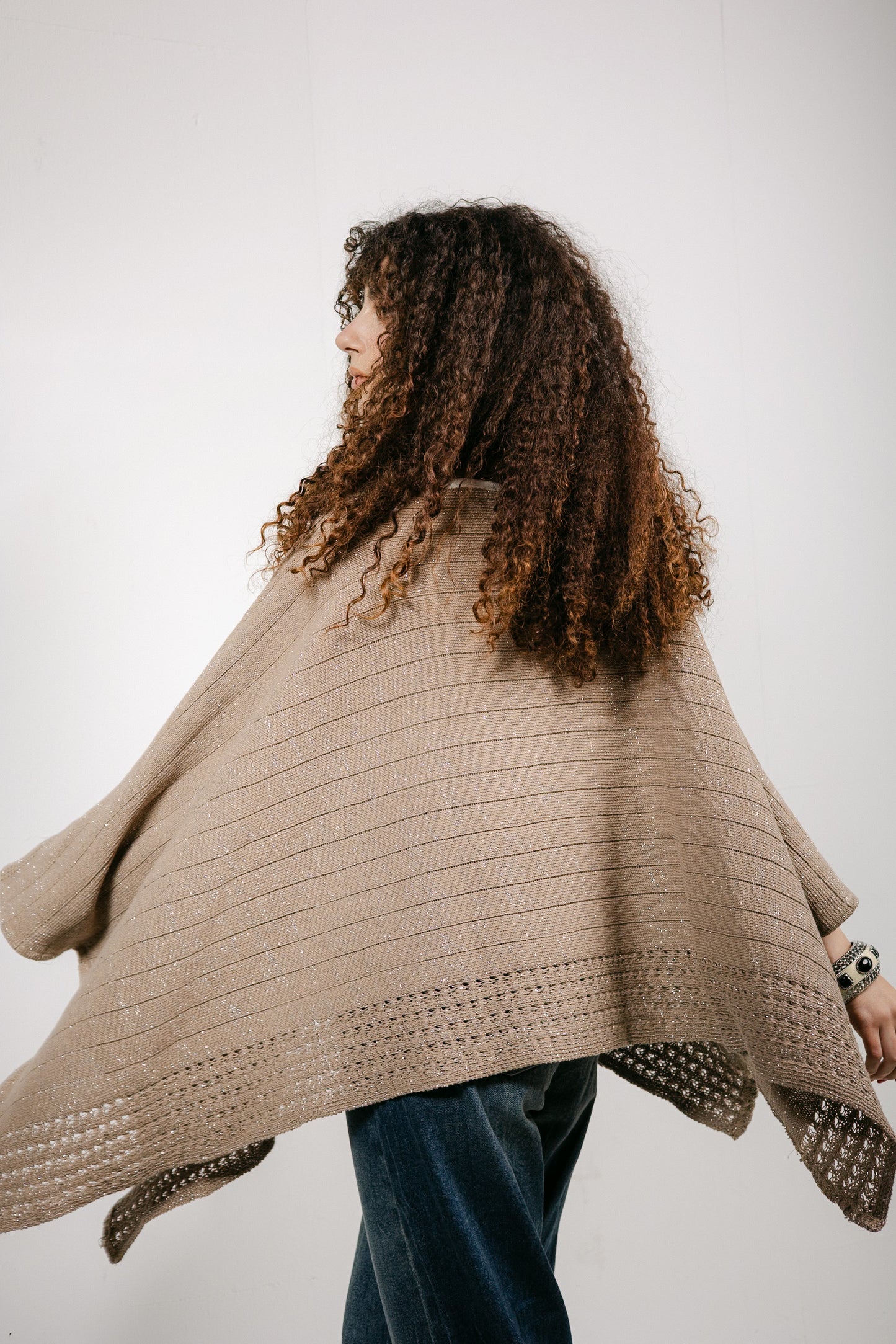 Golden Hour Knit Cape in Shimmer Beige
