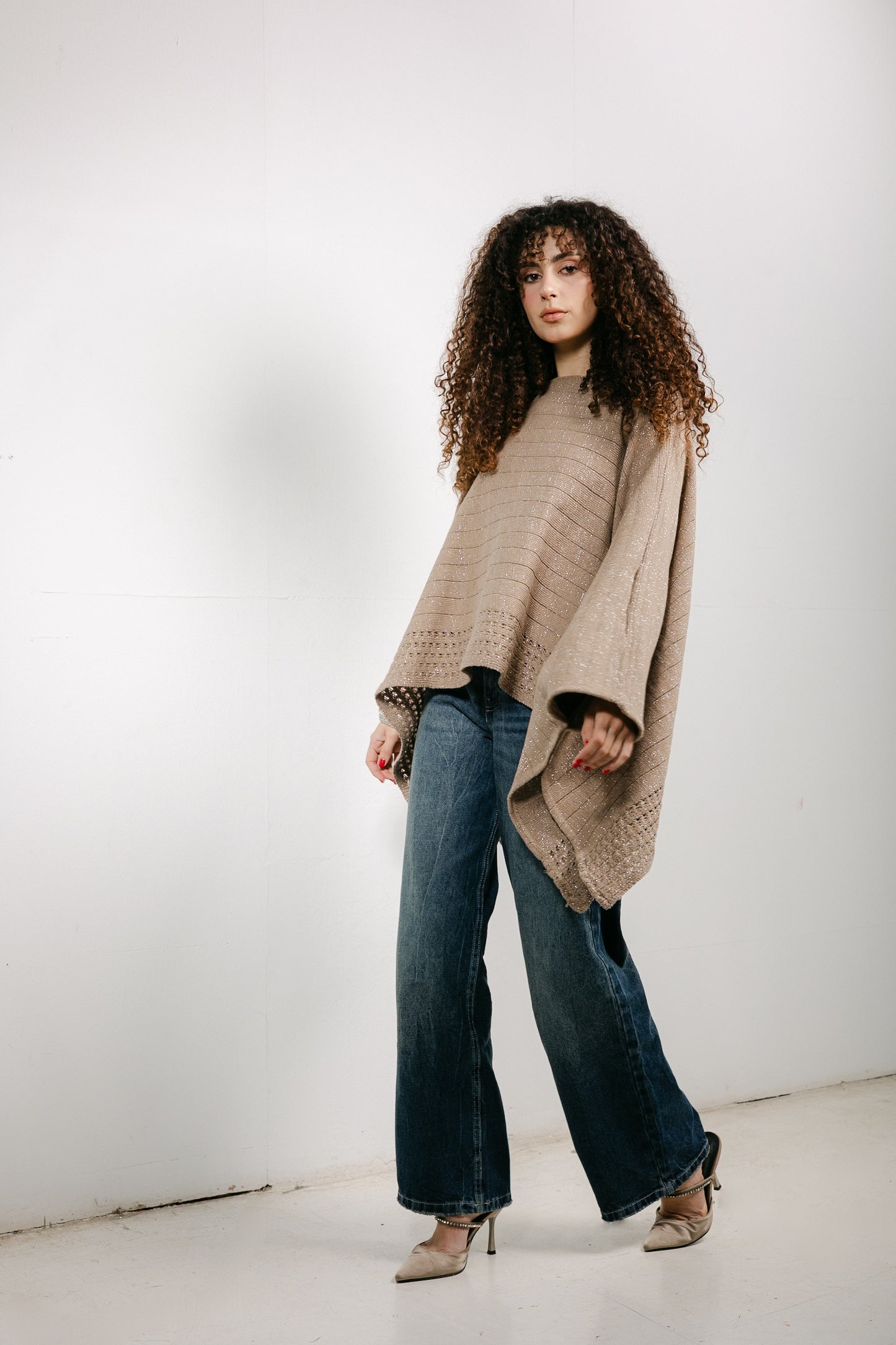 Golden Hour Knit Cape in Shimmer Beige