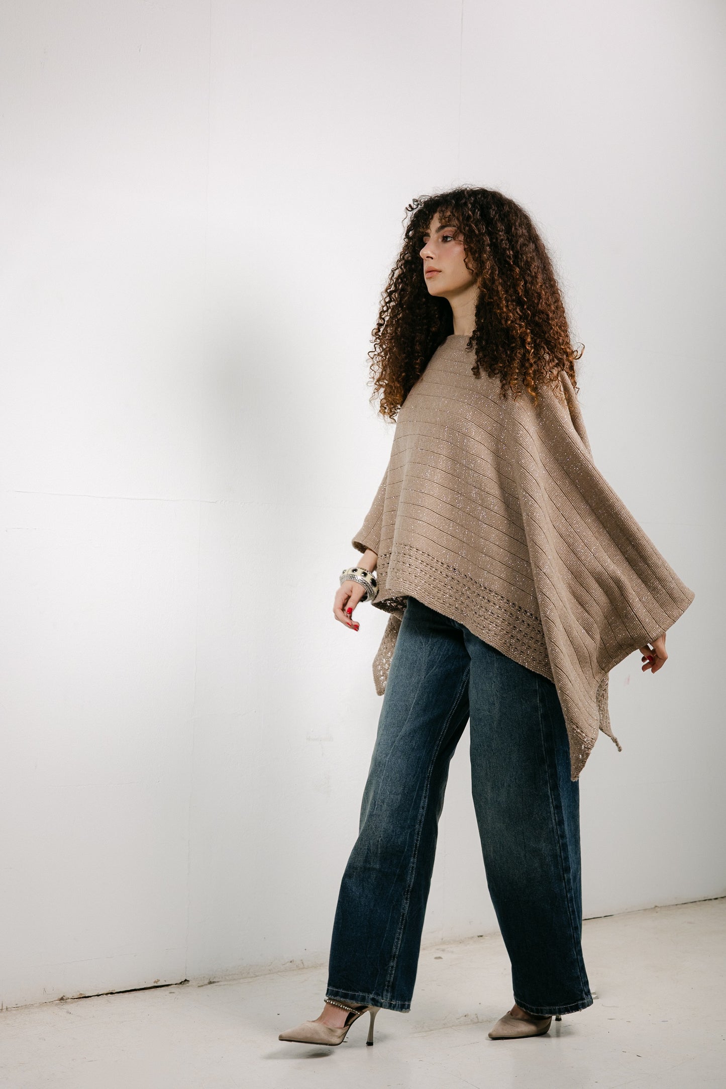 Golden Hour Knit Cape in Shimmer Beige