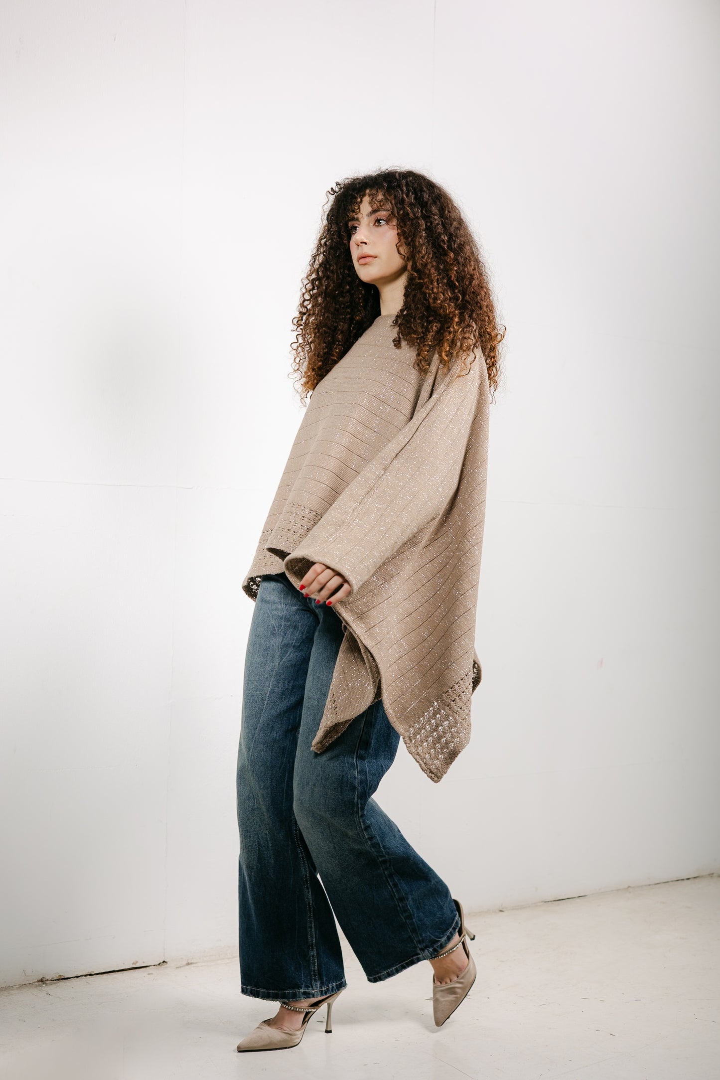 Golden Hour Knit Cape in Shimmer Beige
