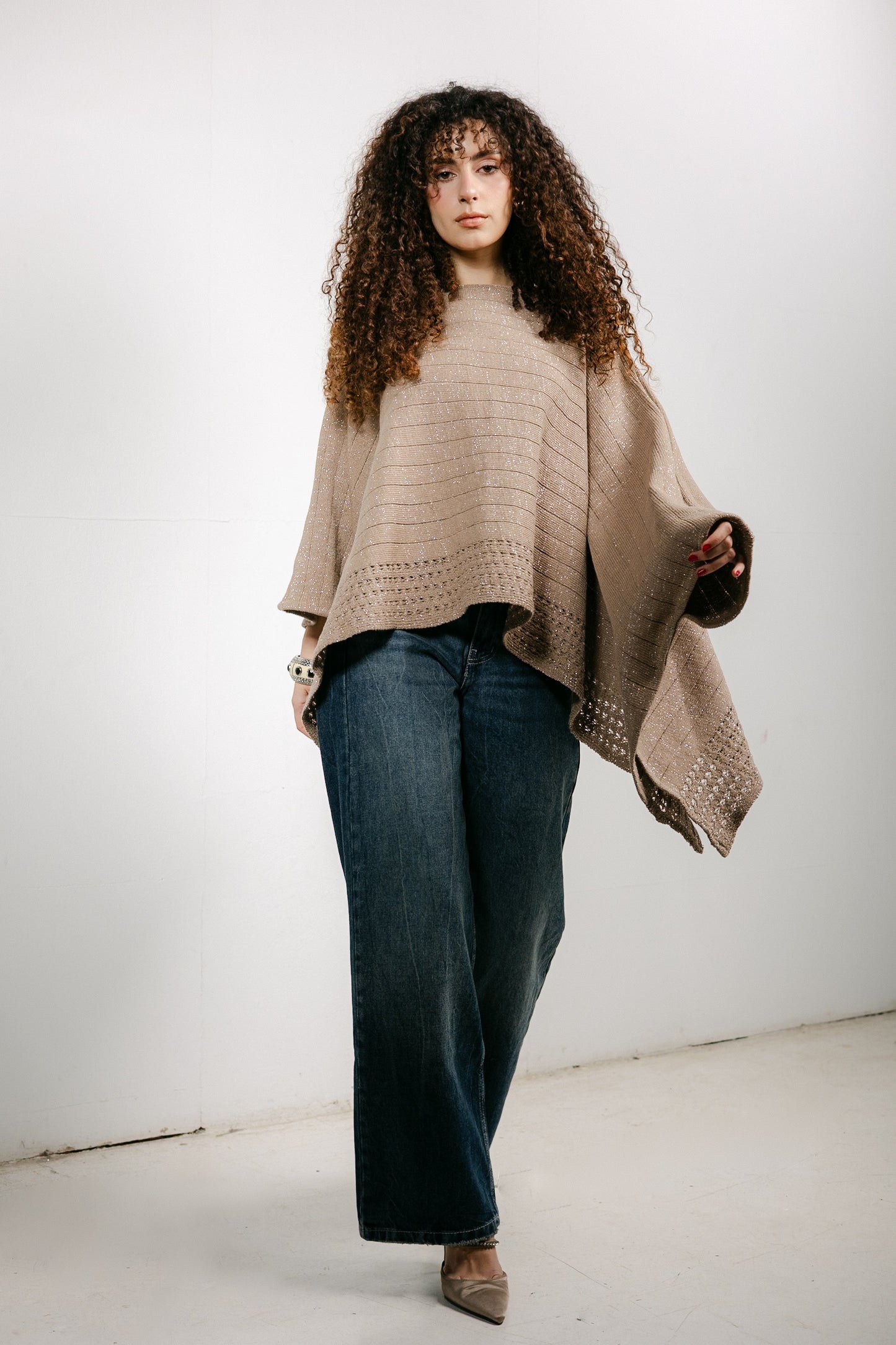 Golden Hour Knit Cape in Shimmer Beige
