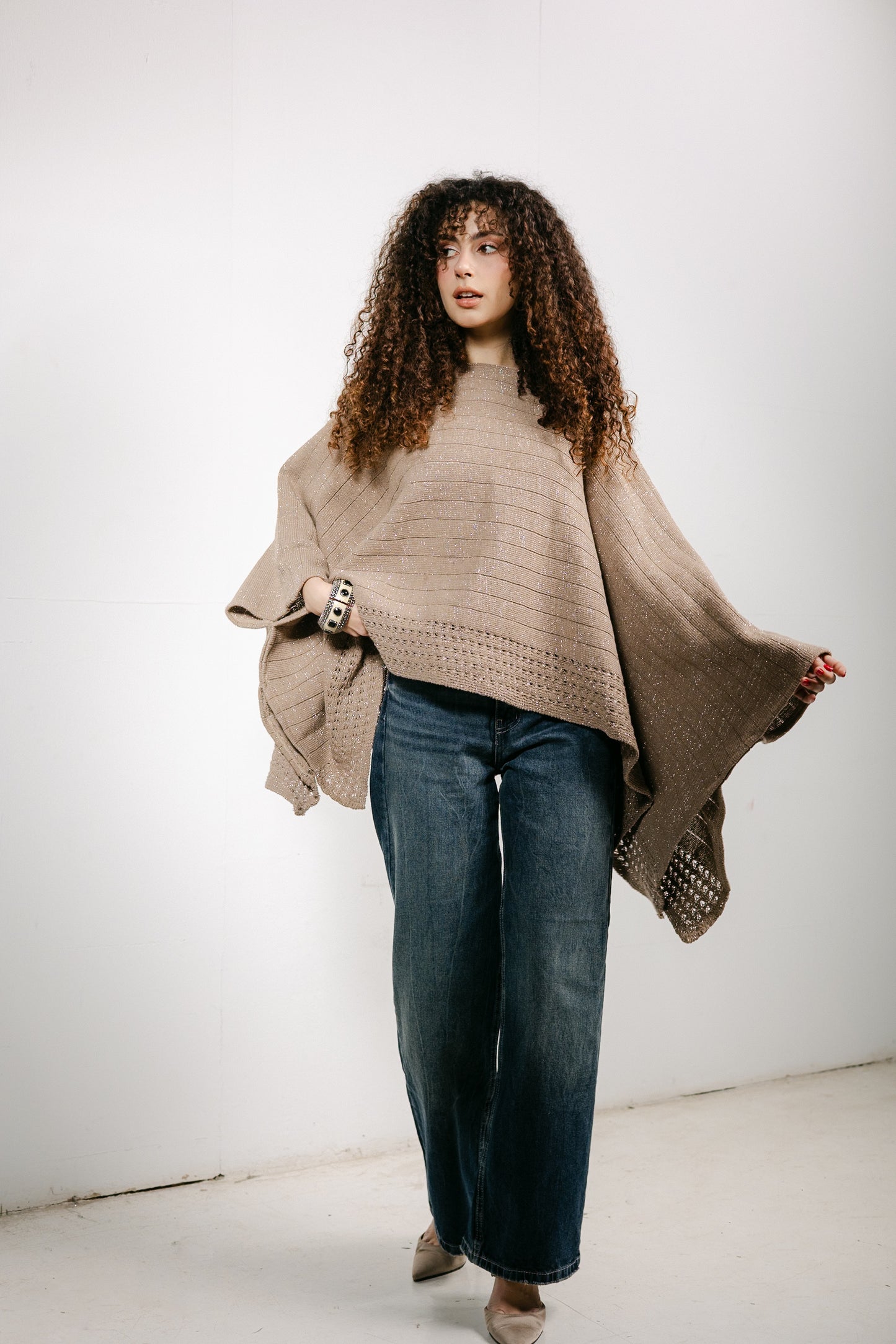 Golden Hour Knit Cape in Shimmer Beige